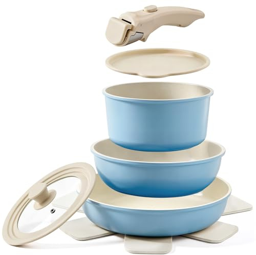 Warmiehomy 8-Piece Non-Stick Pots and Pans Set, Detachable Handle, Blue | Aluminium Cookware with Ceramic Coating for Induction, Gas, Electric and Ceramic Hobs, Stackable, Kitchen Cookware with Lids