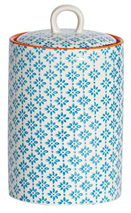 Nicola Spring Patterned Kitchen Canister - 1 Litre - Blue Porcelain Hand Printed Kitchen Storage Jar Airtight Biscuit Barrel for Biscuits, Oats, Tea, Coffee