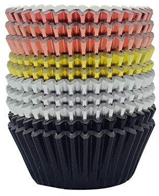 Mombake Standard Metallic Foil Paper Cupcake Cases in Rose Gold, Gold, Silver and Black, 200-Count
