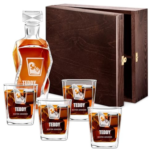 Maverton Whiskey Karaffe + 4 / 6er Whiskygläser Set mit Gravur - 700ml Whisky Dekanter - Geschenk zum Geburtstag für Männer - echter Genießer