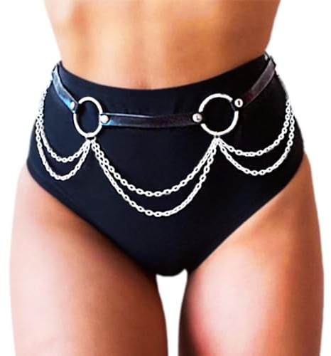 REETAN Goth Waist Chain Belt Black Leather Punk Body Accessories for Women