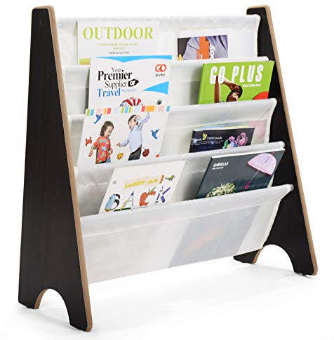 COSTWAY Kids Book Storage Rack, 4 Tier Sling Bookshelf with Fabric Shelves, Easy Access Children Bookcase for Toddlers Bedroom Playroom (Coffee)
