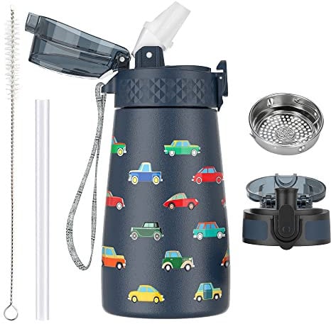 OLDLEY 350ml/12oz Kids Stainless Steel Water Bottle with Straw for School with 2 Different Lid Metal Vacuum Insulated Water Bottles Small Flask for Boys Girls Toddler Children Hot Cold Drinks BPA Free