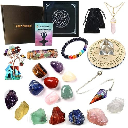23 Pieces of Healing Crystals Set Includes 8 self-Healing Crystals, 7 Rough Stones, Crystal Tree, Bracelet, Pyramid, Energy Wooden Plate, Jewelry, Gift Box of The Primary Healing Meditation Series