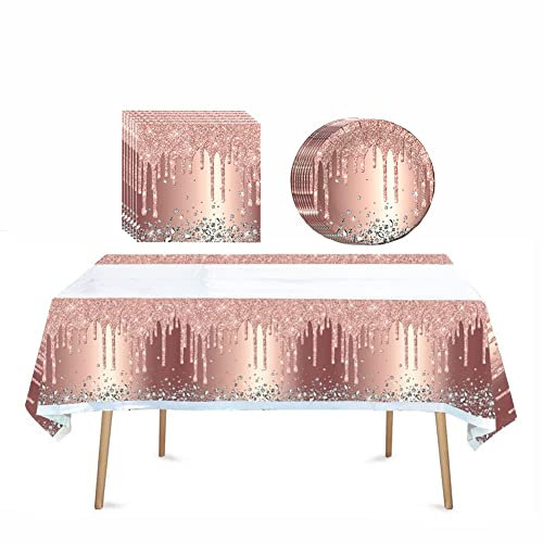 Cemtetnech 41pcs Pink Rose Golden Party Supplies ,Include 20 Plates, 20 Napkin and 1pcs Tablecloth,Used for Pink Rose Golden Birthday Party Decoration