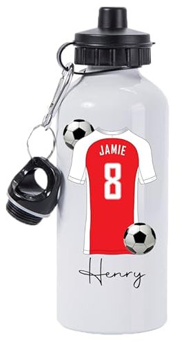 Pickhut Personalised Football 600ml White Aluminium Sports Water Bottle Back to School Gift for Kids, Customised with Name/Number/Text with Football Shirt Red & White Jersey Kit (D3)