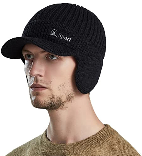 YAMEE Herren Wintermütze Strickcap Wintercap Damen Strickmütze Beanie mit Schirm Kappe,Schirmmütze mit Ohrenklappen Herren Ohrenschutz