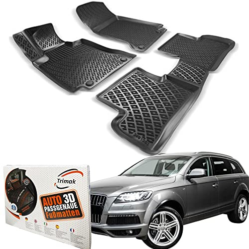 Trimak Passgenau 3D Fussmatten Auto Kompatibel mit Audi Q7 4L 2006-2015 Auto Zubehör 1. und 2. Reihe Gummimatten Autos TPE Allwetter Geruchlos rutschfest Vorne & Hinten Schwarz