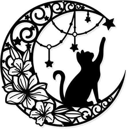 NBEADS Mond Und Katze Metall Wanddeko, Schwarzer Wandbehang Moderne Wanddekoration Silhouette Wandkunst Metallbilder Für Zuhause Schlafzimmer Flur Wohnzimmer Badezimmer Büro Hotel, 30cm