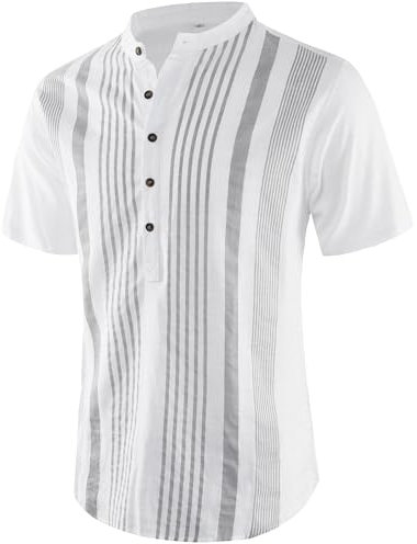 APTRO Mens Short Sleeve Linen Shirts Casual Cotton Shirts Summer Shirts Hawaiian Striped Grandad Henley Shirts Stripe White MHL51 L