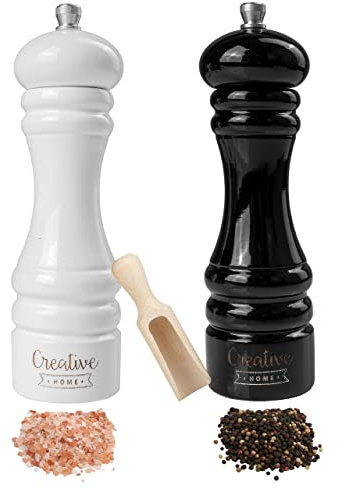 Creative Home Molinillos Grandes de Sal y Pimienta de Madera Blanco y Negro | Juego de 2 Moledores con Mini Cuchara de Madera | 18 x 5 cm | Madera de Haya Natural | Mecanismo de Trituración Manual