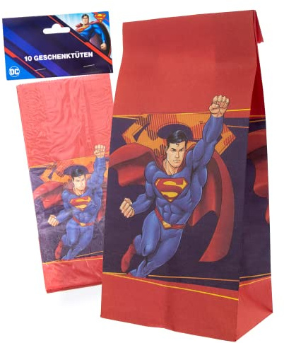Party Factory `Superman´ 10 Partytüten inklusive Sticker, 10x20x6cm, bunt, Papiertüten für Mitgebsel, Kindergeburtstag