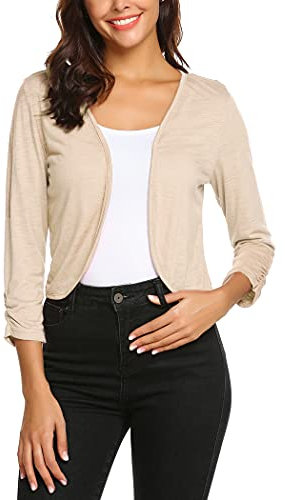 Parabler Damen Strickjacke 3/4 Ärmel Kurz Bolero Festlich Elegant Leichte Cardigan Einfarbig Schulterjacke für Abendkleid Champagner M