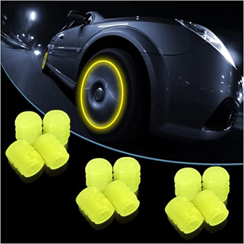 Ventilkappen Auto Leuchtend, 12 StüCk Leuchtendes Auto Reifenventil, Fluoreszierende Auto Ventilkappen, Universelles ZubehöR für Autos, Lkws, Suvs, MotorräDer Und FahrräDer (Gelb)