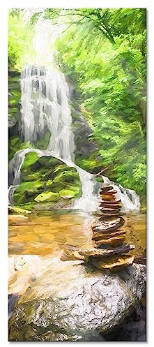 Pixxprint Glasbild Panorama, Wandbild aus Echtglas, Zen Steine vor Wasserfall Kunst, 100x40 cm, inkl. Aufhängung und Abstandshalter