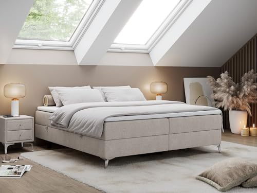 MKS MEBLE Boxspringbett Less 140x200 cm, Bett mit Bettkasten, Multipocket Matratze H4 7-Zonen, Topper T25, minimalistisches Doppelbett – Beige Strukture