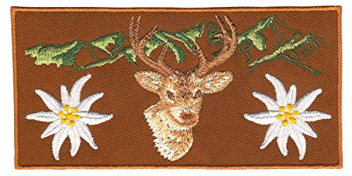 Alpen Berge Braun Hirsch Edelweiß Aufnäher zum aufbügeln Bügelbild Applikation Aufbügler für Kleidung gestickter Bügelflicken Blume Tracht Bayern Patch Größe 13 x 6,5 cm