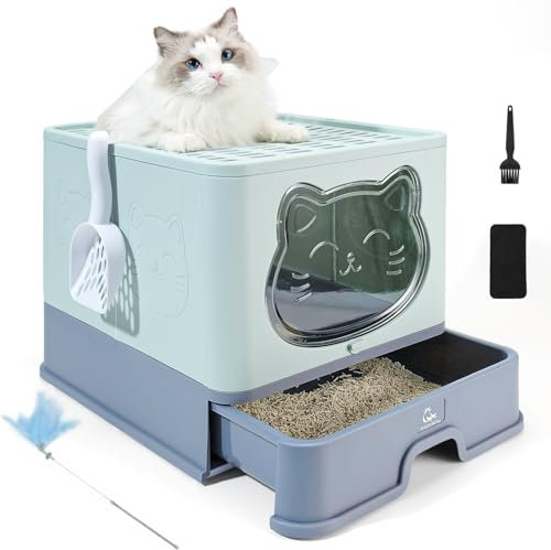 HelloMiao Caja de Arena para Gatos Completamente Cerrada con Tapa, Tipo de cajón, desodorizante, Grande, Plegable, con Pala de plástico para Mascotas, Adecuada (Azul grisáceo)