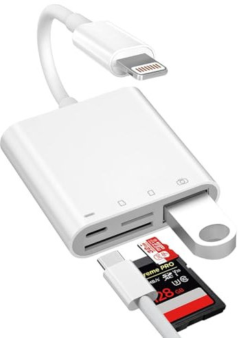 [MFi Certified] SD Card Reader for iPhone iPad 4 in 1 Digital Camera Memory Card Viewer SD/TF Dual Slot Reader with USB OTG Adapter Support Simultaneous Charging & Reading (Plug and Play)