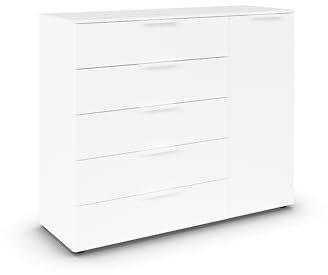 Rauch Möbel Flipp, Kombikommode, Kommode mit Stauraum für Wohnzimmer, Schlafzimmer, Flur, 2 Fachböden, Alpinweiß, 1-türig, 5 Schubkästen, Griffe weiß, 120x100x42cm