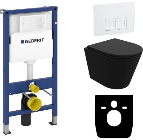 Lavita Duofix Basic Vorwandelement + Wand Tiefspül WC Galve Schwarz Spülrandlos + WC Sitz + Bedienplatte Delta 25 Weißer Knopf Komplettset Unterputz Spülkasten Toilette Komplett Sett WC