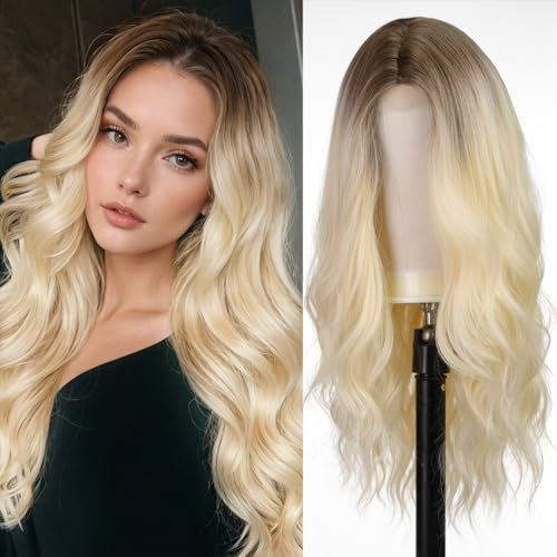 WOKESTAR Lange gewellte blonde Perücken für Frauen, hitzebeständige Perücke mit Mittelscheitel für den Alltag