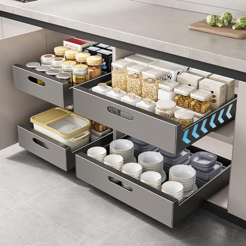 Teleskopschublade, Schrankauszug küche aus Kohlenstoffstahl, Slide Out Drawer Cabinet Organizer Küche,küchenschrank auszug, Küchenschublade , Ausziehbare Ausziehbare Schublade (Grau,1 Stück 25CM)