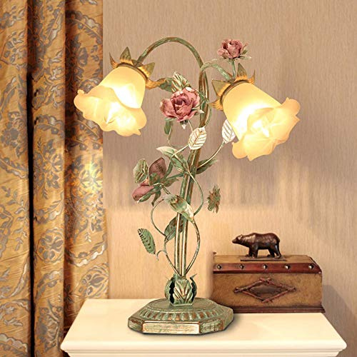 ZJIEDB Romantic Rose Table Lamp Retro Stained Glass Desk Light Pastoral Floral Night Lights for Living Room Cafe Bedroom Headboard Reading Lighting Fixture, E14,B