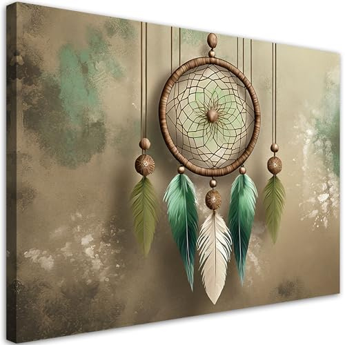 Feeby Leinwandbild - Bilder Wohnzimmer - Traumfänger Boho Beige - 60x40 1tlg - Deko Schlafzimmer - Wanddekoration - Aesthetic - Groß Moderne Bild - Foto auf Leinwand