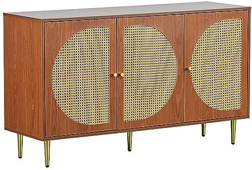 Goeria Sideboard mit 3 Rattan verzierten Türen Kommode Highboard mit Metallgriffe, für Schlafzimmer & Büro, Nussbaum & Wohnräume, 129.8X 40x 76 cm