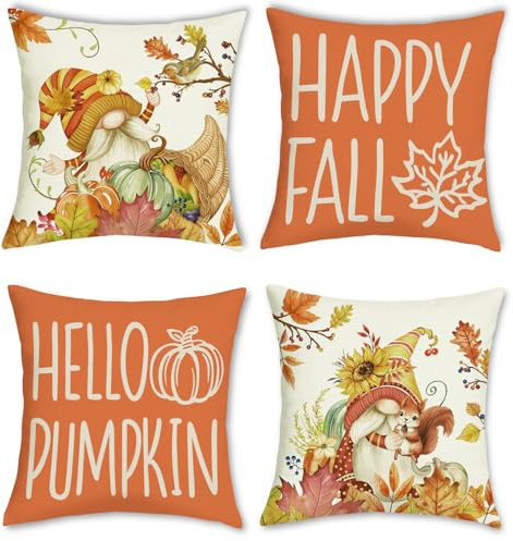 Bonhause Fundas Cojines Otoño 45 x 45 cm Funda de Almohada Gnomos Calabaza Hojas de Otoño Ardilla Naranja Cojines Decorativos para Sofá Cama Hogar Jardín Exterior Juego de 4