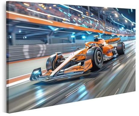 islandburner Bild auf Leinwand Schlankes orangefarbenes Formel Rennauto auf Leuchtend neonbeleuchteter Stadtrennstrecke Bilder Wandbilder Poster