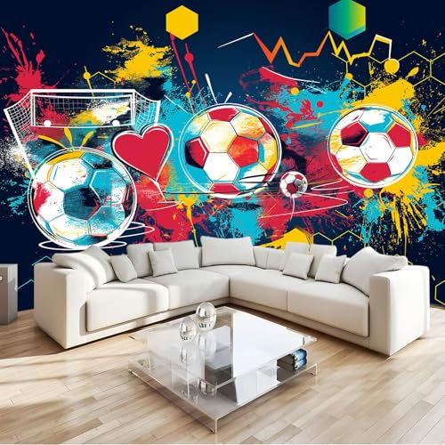 Graffiti Papier Peint 3D Éléments De Football Intissé Fresque, Salon Chambre Enfant Décoration Murale, Design Contemporain Pour Intérieur Maison (Facile À Installer) 300 X 210 Cm