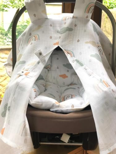 Babyschalen-Set Neugeborene: Schutztuch und Sitzauflage für Autositz Überdachung, 100% Baumwolle, Babyschale Abdeckung (bunt Regenbogen)