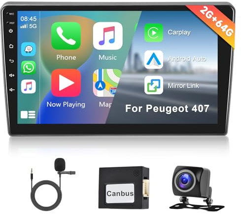 2G+64G Radio para Peugeot 407 2004-2011 Carplay Android Auto, Hodozzy Pantalla Android Coche 2 DIN 9 Pulgadas con Canbus GPS WiFi Bluetooth Mirrorlink,FM RDS HiFi Radio para Peugeot + Cámara