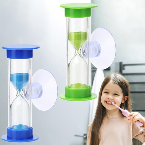 Reloj de Arena, 2 Piezas Relojes de Arena Niños Colorido 2 Minutos 3 Minutos con Ventosa, Juego de Pequeño Temporizador de Arena para Niños Cepillado de Dientes, Juegos, Cocina (Azul, Verde)