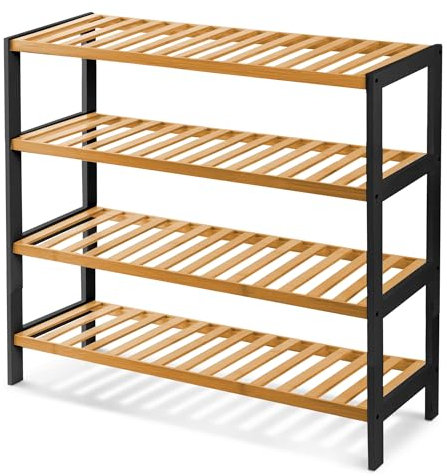 KEPLIN 4 Tier Natural Bamboo Shoe Rack Easy Assembly & Strong Design Stand Shelf Organiser Ideal for Corridor,Bedroom,Bathroom,Hallway & Small Spaces Large Capacity (4 Tier, Black/Natural)