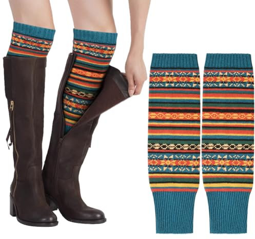 AUYAO Ladies’ Knitted Leg Warmers, 1Pcs Bohemian Leg Warmers for Womens, Wool Winter Long Leg Warmers, Striped Ethnic Knitting Footless Leg Warmers, Knee High Knitted Boot Socks for Women Girls