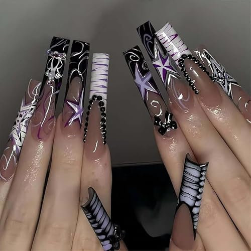 LYMCY Lange Französische Press-On Fingernägel mit Schwarz-Schleifen-Design, Künstliche Nägel mit Streifenmuster - 24 Stück