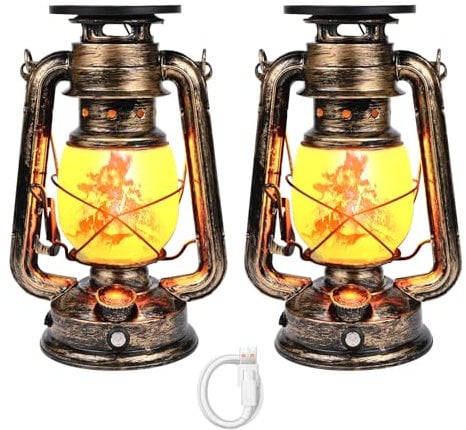 Weinsamkeit 2 Piezas Farolillos Solares Exterior, LED Lantern Vintage Luz Colgante, Lámpara de Camping con Efecto Llama, IP65 Impermeable Luces de Camping, para Fiesta Boda Jardín Casa Lawn