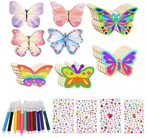 Disnace 24 Stück Schmetterlinge Holz Bastelset, Schmetterlinge Holz zum Bemalen, DIY Kindergeburtstag Handwerk, Unvollendete Malen Dekoration, Basteln für Mädchen und Jungen