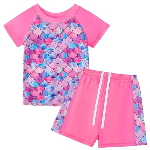 Suffolly Girls Swimming Costume Kids Two Pieces Short Sleeve Swimsuit,Cute Printed Swimming Suit Protection Swimwear Sets,for 4-12 Years Girls (UK, Alpha, One Size, Regular, Regular, Pink-120CM)