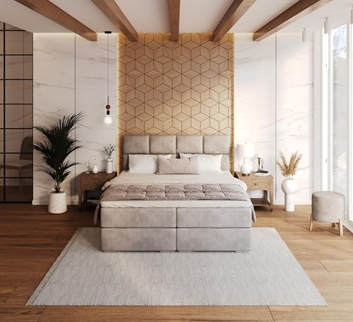 FDM Boxspringbett Polsterbett Stauraumbett Springbett mit Bettkasten 140x200, 160x200, 180x200cm hochwertigem Velours - mit gepolsterten Kopfteil (Paris-Mouse, 180x200)