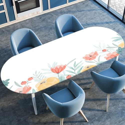Mateju Mantel con Bordes Elásticos, Floral Moda Impermeable Exterior Borde Elástico Lavable Oval Antimanchas Mantel Mesa para Comedor Fiestas (Estilo 3,107x152cm)