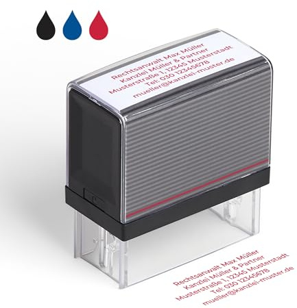 Cimpress Selbstfärbestempel personalisiert mit Wunschtext, als Namensstempel, Firmenstempel oder Adressstempel, Rote Tinte 5,7 x 2,1 cm, ideal fürs Büro, Kanzlei, Praxis