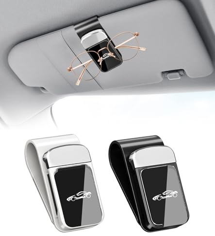 TAKONE Brillenhalter Auto Sonnenblende 2 Stück Edelstahl Clip Set | 2er Set in Schwarz & Silber mit Edelstahl-Panel Design