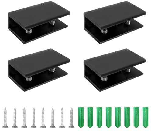TIANLIN 4 Piezas Soportes para Cristal Ajustables, Abrazadera para Cristal de Aleación de Aluminio Negro, con Agujeros Prensalados, para 8-10 mm de Grosor | Soporte de aluminio negro para placas de cristal de 8 a 10 mm. Para estantes en salón, baño, cocina y oficina