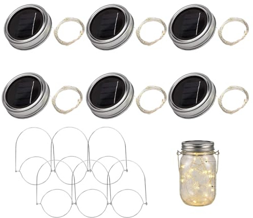 PORFOYO 6 Stück Solar Mason Jar Light Deckel, 3M 30LED Solar Licht, Warmweiß Hängende Lichterkette Für Garten Terrasse Hochzeit Party Deko, Wetterfest