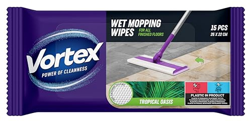 Vortex Feuchte Bodentücher/ Universal/ Einweg / Größe 260 mm x 220 mm/ Klappdeckel/ Zur Reinigung verschiedener Oberflächen/ Entfernt Schmutz, Staub und Ablagerungen/ Tropical/ 15 Stück pro Packung