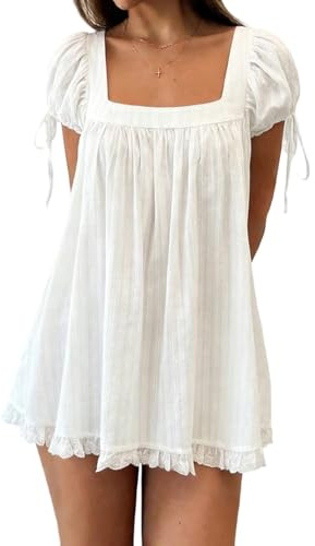 HooteBeooe Mini robe nuisette décontractée à col carré et manches courtes bouffantes avec bordure en dentelle et ourlet à volants pour femme pour la plage au quotidien